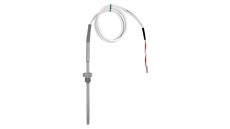 A close-up of a cable probe thermometer with a wire attached to it on a white background.