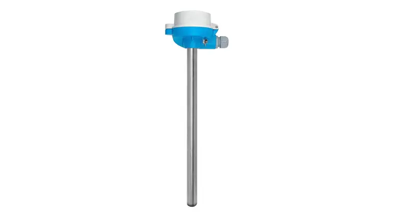 A blue and white temperature sensor with a long metal probe, on a white background.
