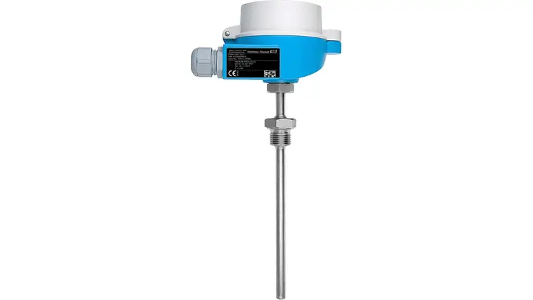 A blue and white temperature sensor with a long metal probe with a white background.