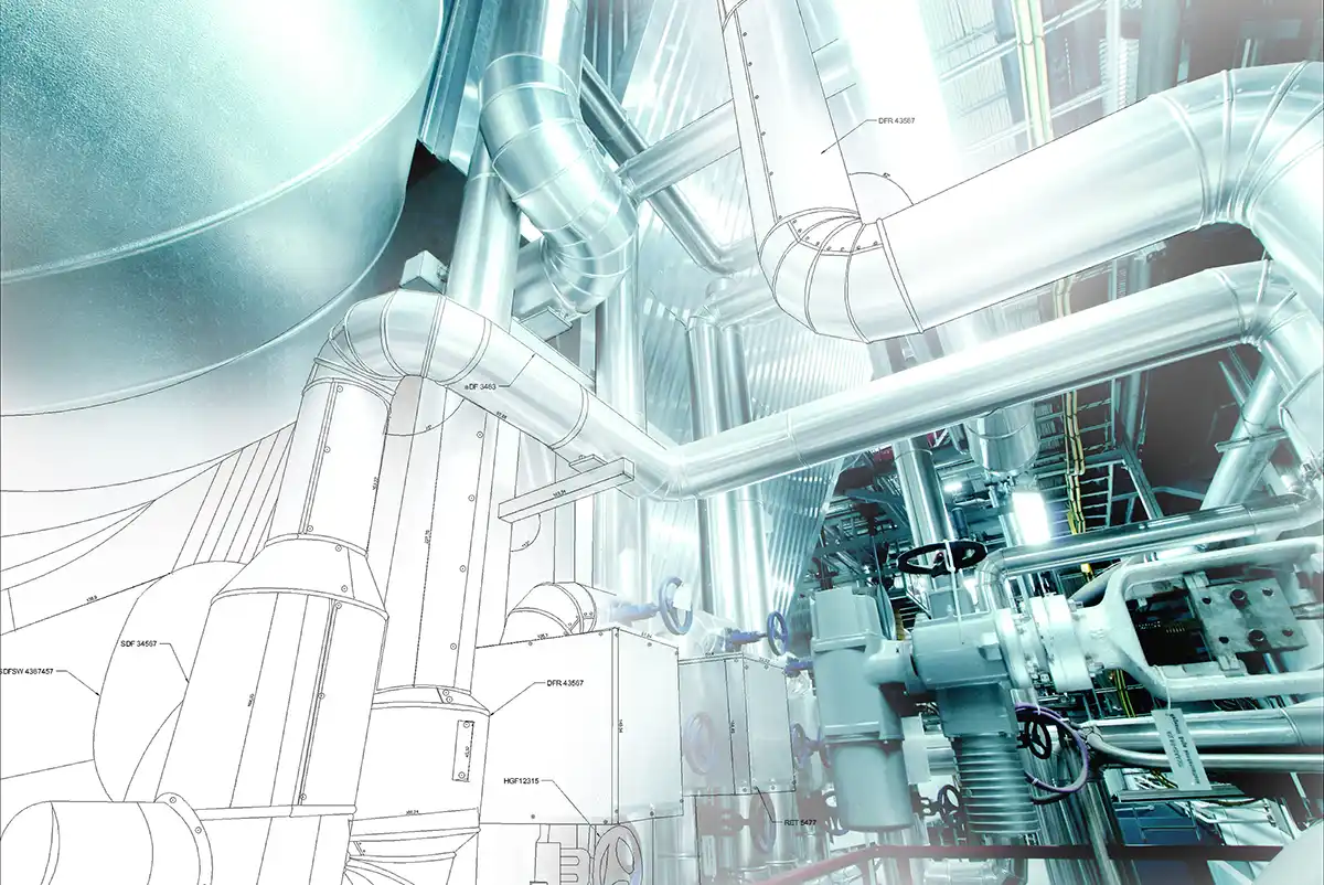 A futuristic illustration of an industrial room with blue and white pipes and machinery. On the bottom left, the pipes are depicted in a wire frame style.