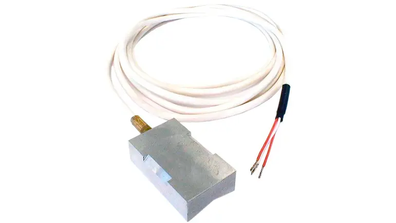A surface thermometer made of metal with two wires attached to it, on a white background.