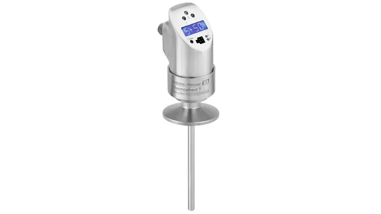 A stainless steel temperature switch with a digital display on a white background.
