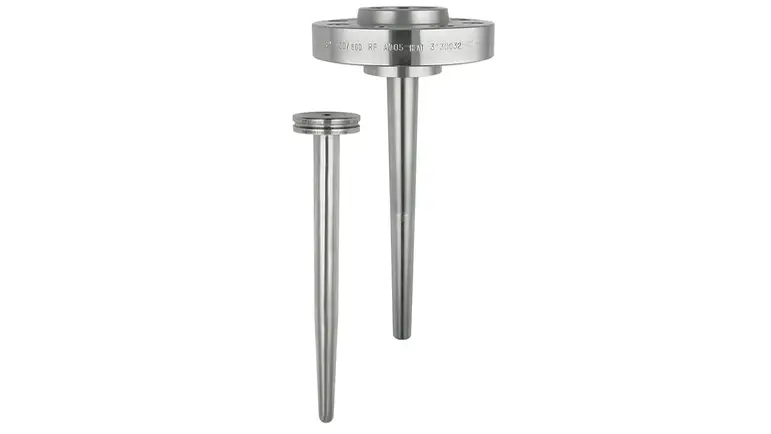 A pair of stainless steel thermowells on a white background.
